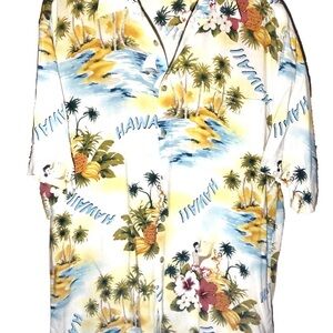 Hawaiian Men’s Shirt Size Large Pierre Cardin Hula Girls Palm Trees Pineapples
